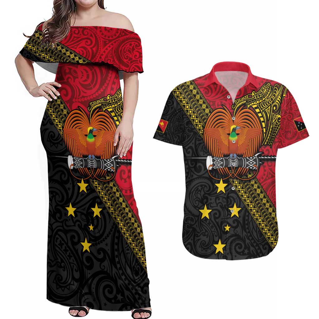 Papua New Guinea Goroka Show Couples Matching Off Shoulder Maxi Dress and Hawaiian Shirt Bird-of-paradise and Melanesian Tattoo Pattern LT03 Red - Polynesian Pride