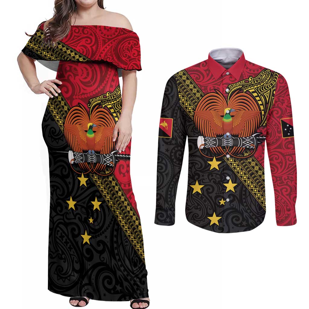 Papua New Guinea Goroka Show Couples Matching Off Shoulder Maxi Dress and Long Sleeve Button Shirt Bird-of-paradise and Melanesian Tattoo Pattern LT03 Red - Polynesian Pride