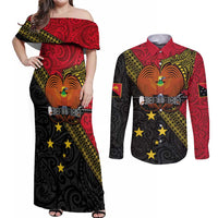 Papua new Guinea Goroka Show Couples Matching Off Shoulder Maxi Dress and Long Sleeve Button Shirt Bird-of-paradise and Melanesian Tattoo Pattern