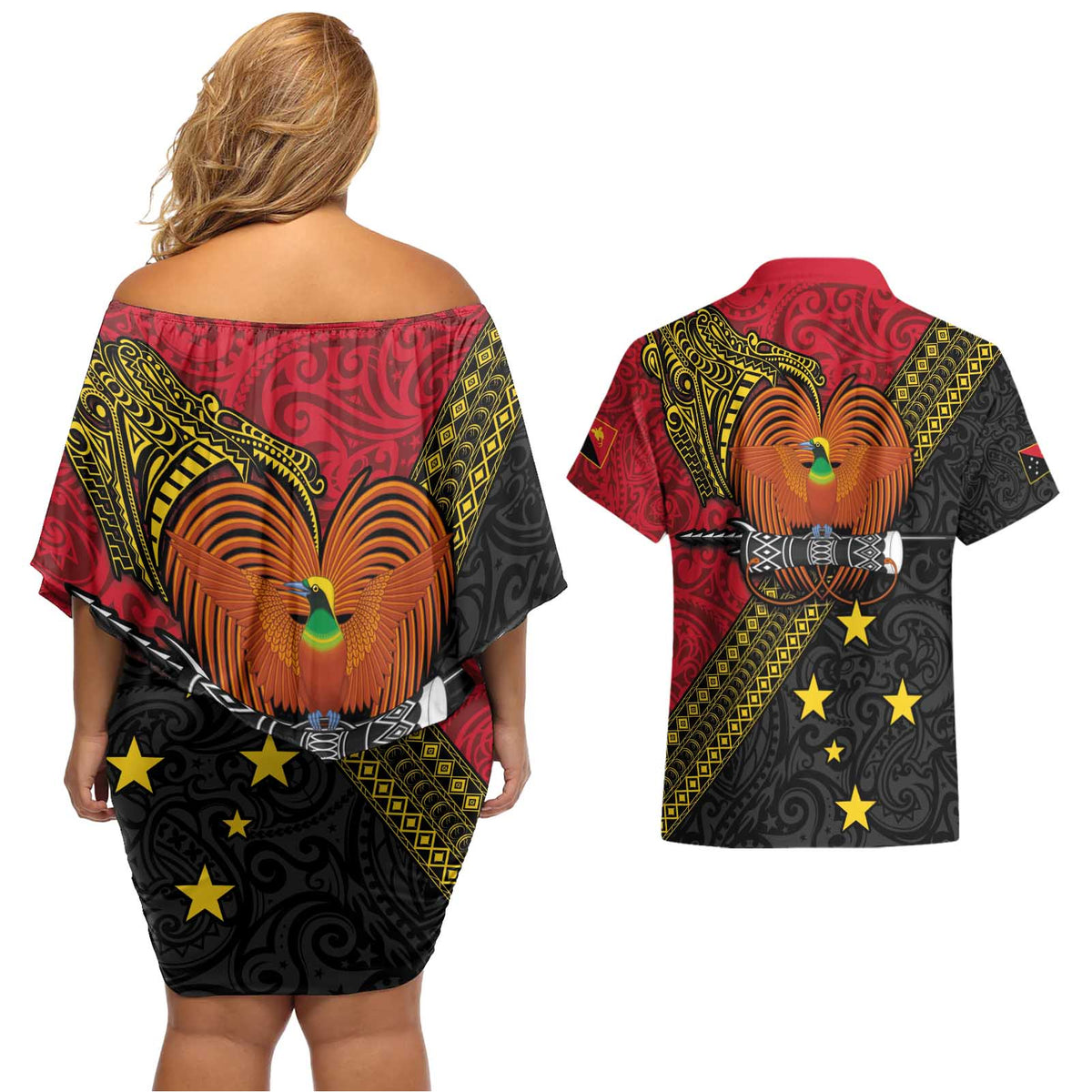 Papua new Guinea Goroka Show Couples Matching Off Shoulder Short Dress and Hawaiian Shirt Bird-of-paradise and Melanesian Tattoo Pattern