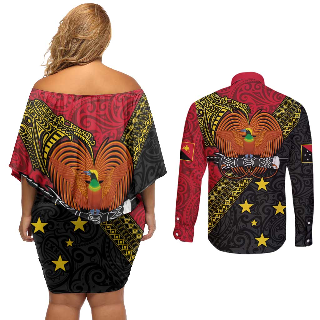 Papua new Guinea Goroka Show Couples Matching Off Shoulder Short Dress and Long Sleeve Button Shirt Bird-of-paradise and Melanesian Tattoo Pattern
