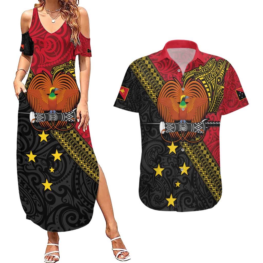 Papua New Guinea Goroka Show Couples Matching Summer Maxi Dress and Hawaiian Shirt Bird-of-paradise and Melanesian Tattoo Pattern LT03 Red - Polynesian Pride