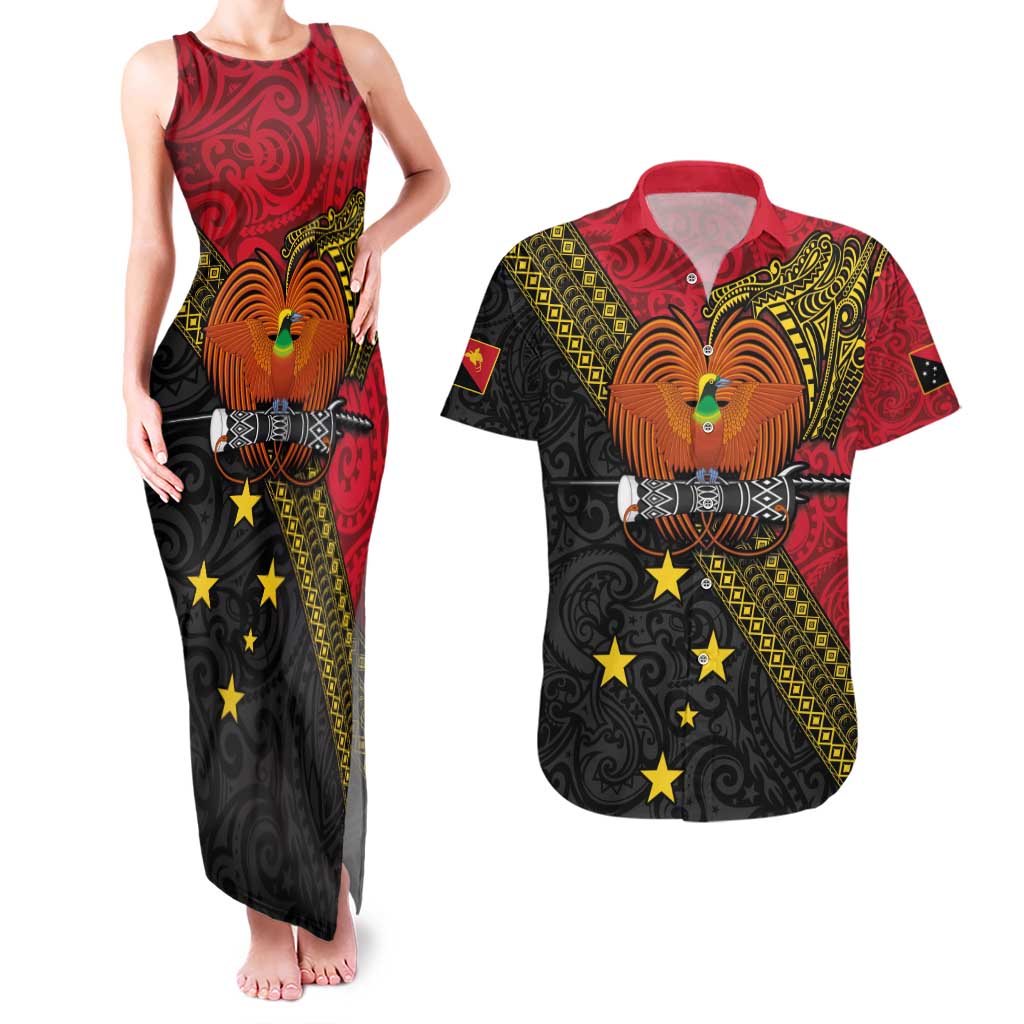 Papua New Guinea Goroka Show Couples Matching Tank Maxi Dress and Hawaiian Shirt Bird-of-paradise and Melanesian Tattoo Pattern LT03 Red - Polynesian Pride