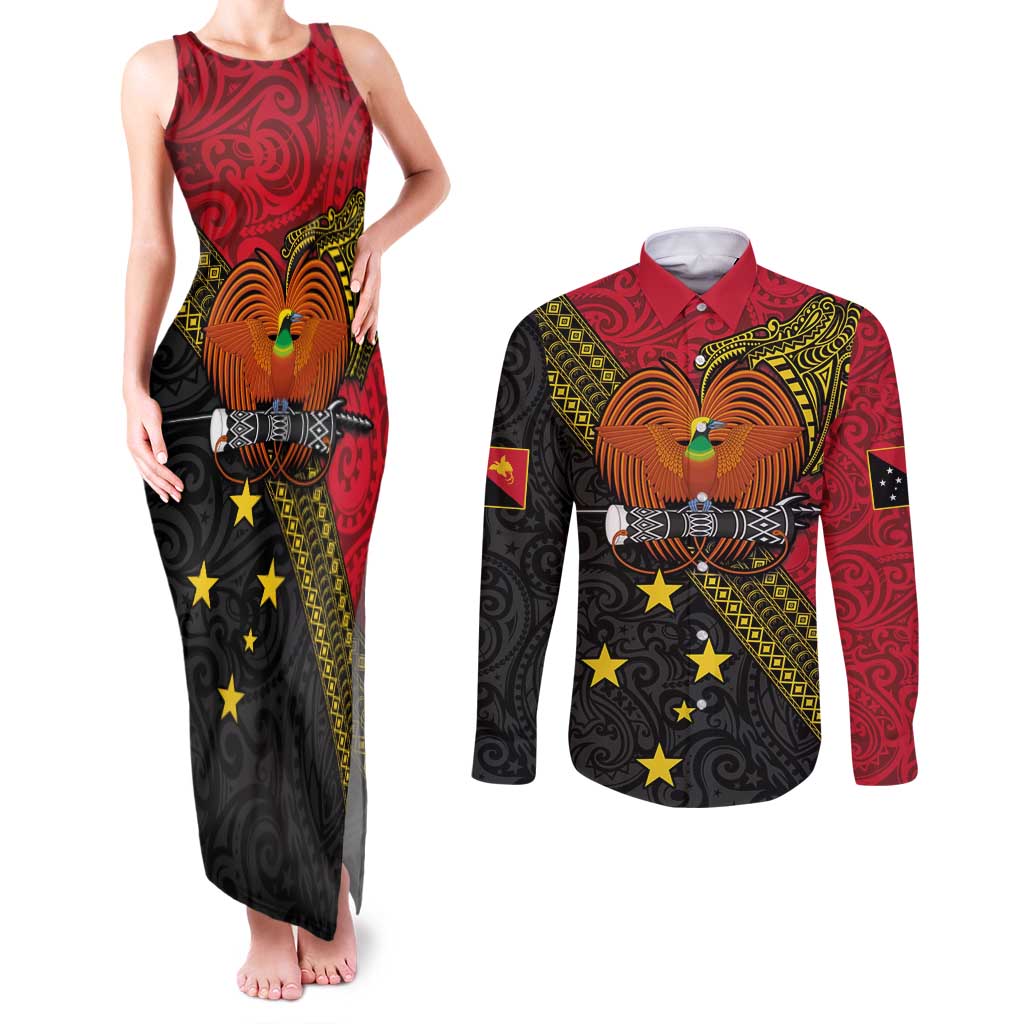 Papua New Guinea Goroka Show Couples Matching Tank Maxi Dress and Long Sleeve Button Shirt Bird-of-paradise and Melanesian Tattoo Pattern LT03 Red - Polynesian Pride