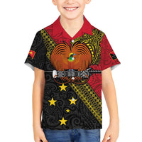 Papua New Guinea Goroka Show Family Matching Long Sleeve Bodycon Dress and Hawaiian Shirt Bird-of-paradise and Melanesian Tattoo Pattern LT03 Son's Shirt Red - Polynesian Pride