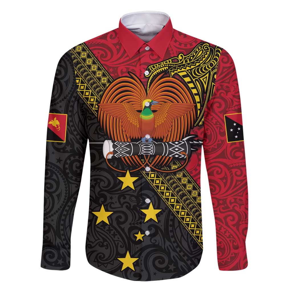 Papua New Guinea Goroka Show Family Matching Mermaid Dress and Hawaiian Shirt Bird-of-paradise and Melanesian Tattoo Pattern LT03 Dad's Shirt - Long Sleeve Red - Polynesian Pride