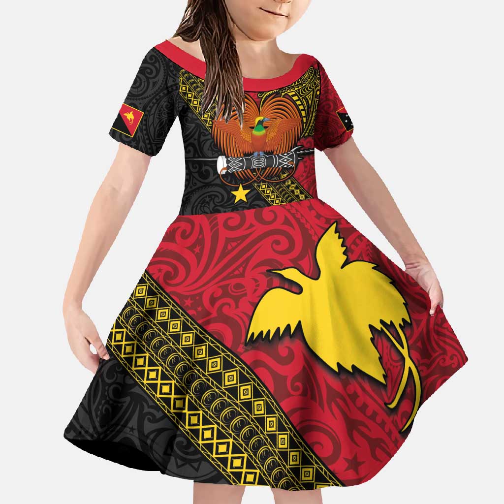 Papua New Guinea Goroka Show Family Matching Short Sleeve Bodycon Dress and Hawaiian Shirt Bird-of-paradise and Melanesian Tattoo Pattern LT03 Daughter's Dress Red - Polynesian Pride