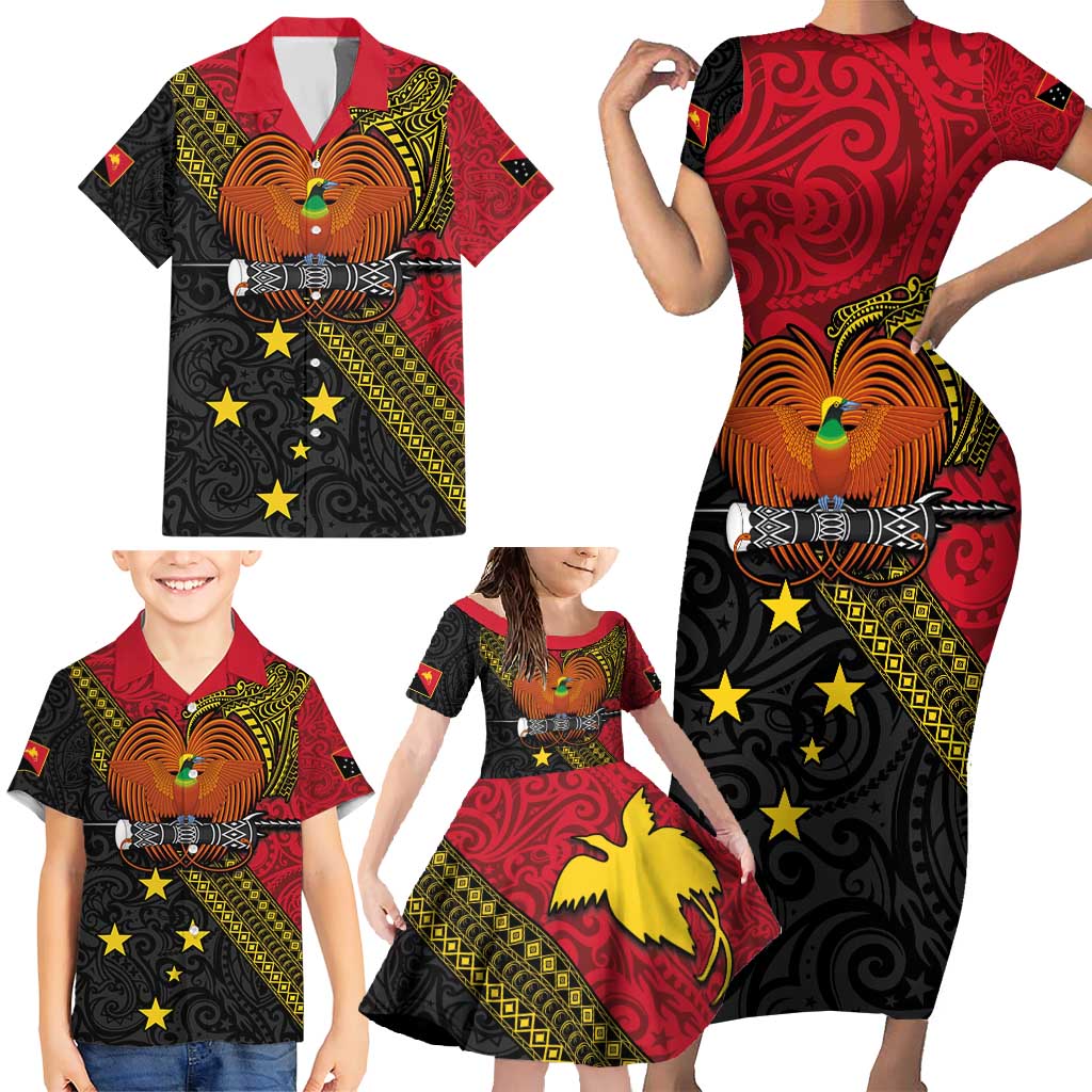 Papua New Guinea Goroka Show Family Matching Short Sleeve Bodycon Dress and Hawaiian Shirt Bird-of-paradise and Melanesian Tattoo Pattern LT03 - Polynesian Pride
