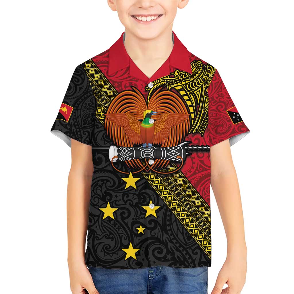 Papua New Guinea Goroka Show Family Matching Short Sleeve Bodycon Dress and Hawaiian Shirt Bird-of-paradise and Melanesian Tattoo Pattern LT03 Son's Shirt Red - Polynesian Pride