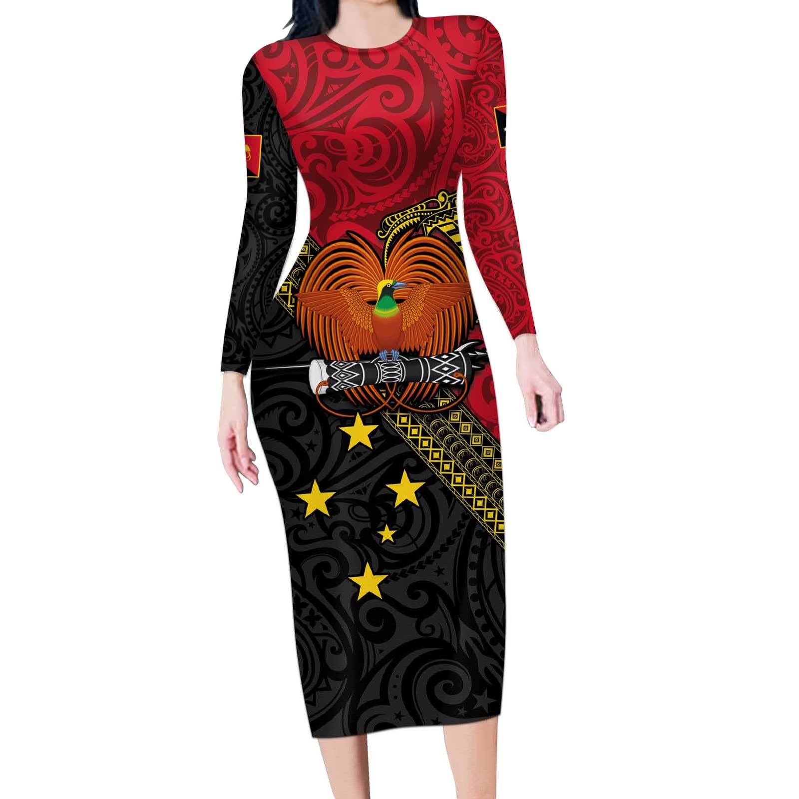 Papua New Guinea Goroka Show Long Sleeve Bodycon Dress Bird-of-paradise and Melanesian Tattoo Pattern LT03 Long Dress Red - Polynesian Pride