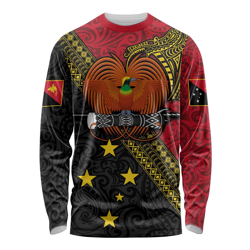 Papua New Guinea Goroka Show Long Sleeve Shirt Bird-of-paradise and Melanesian Tattoo Pattern LT03 Unisex Red - Polynesian Pride