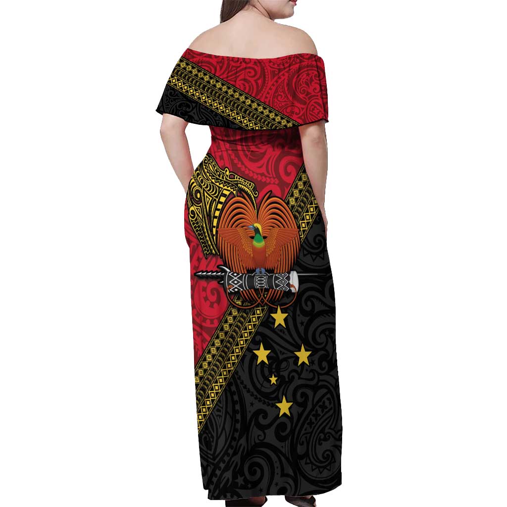 Papua new Guinea Goroka Show Off Shoulder Maxi Dress Bird-of-paradise and Melanesian Tattoo Pattern
