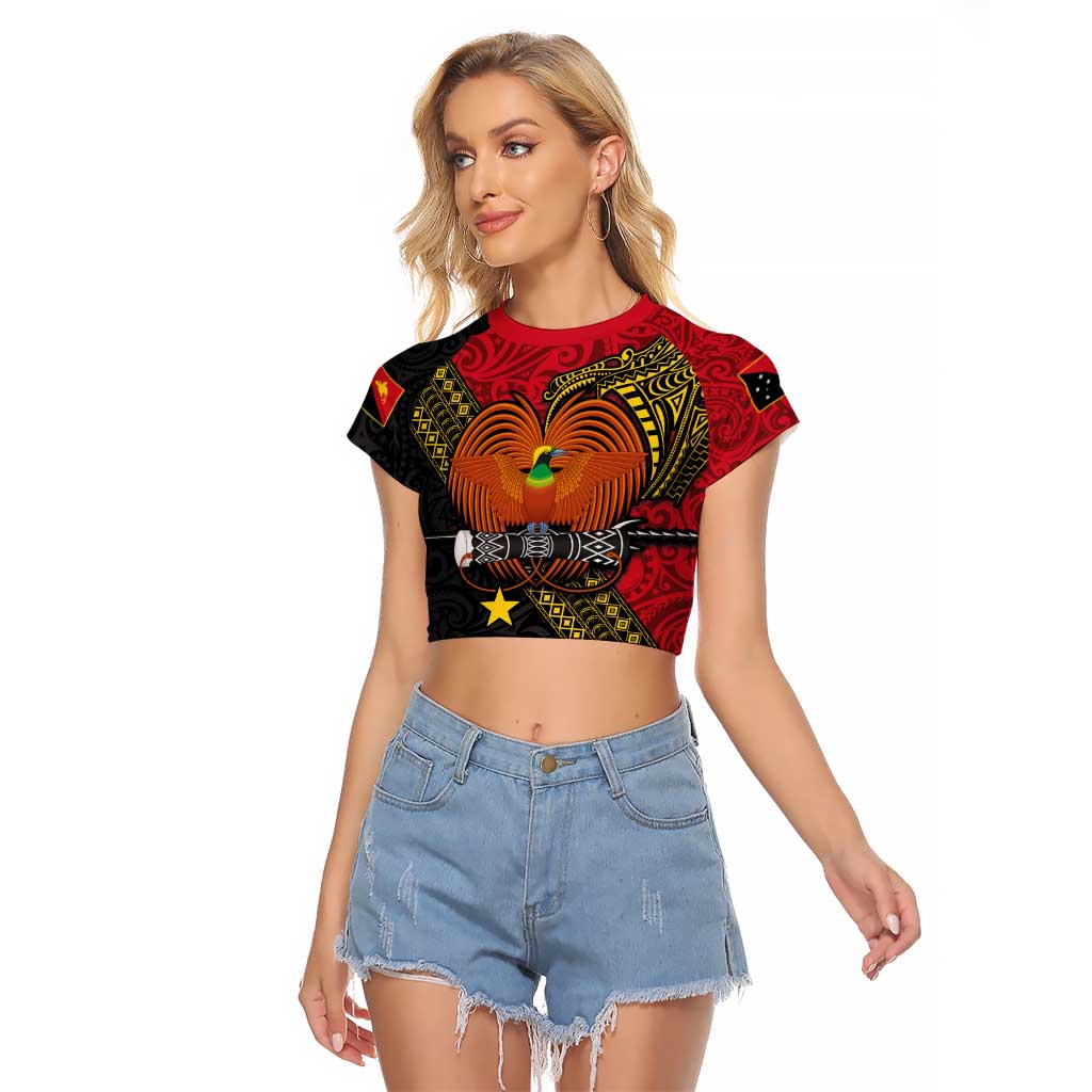 Papua New Guinea Goroka Show Raglan Cropped T Shirt Bird-of-paradise and Melanesian Tattoo Pattern LT03 Female Red - Polynesian Pride