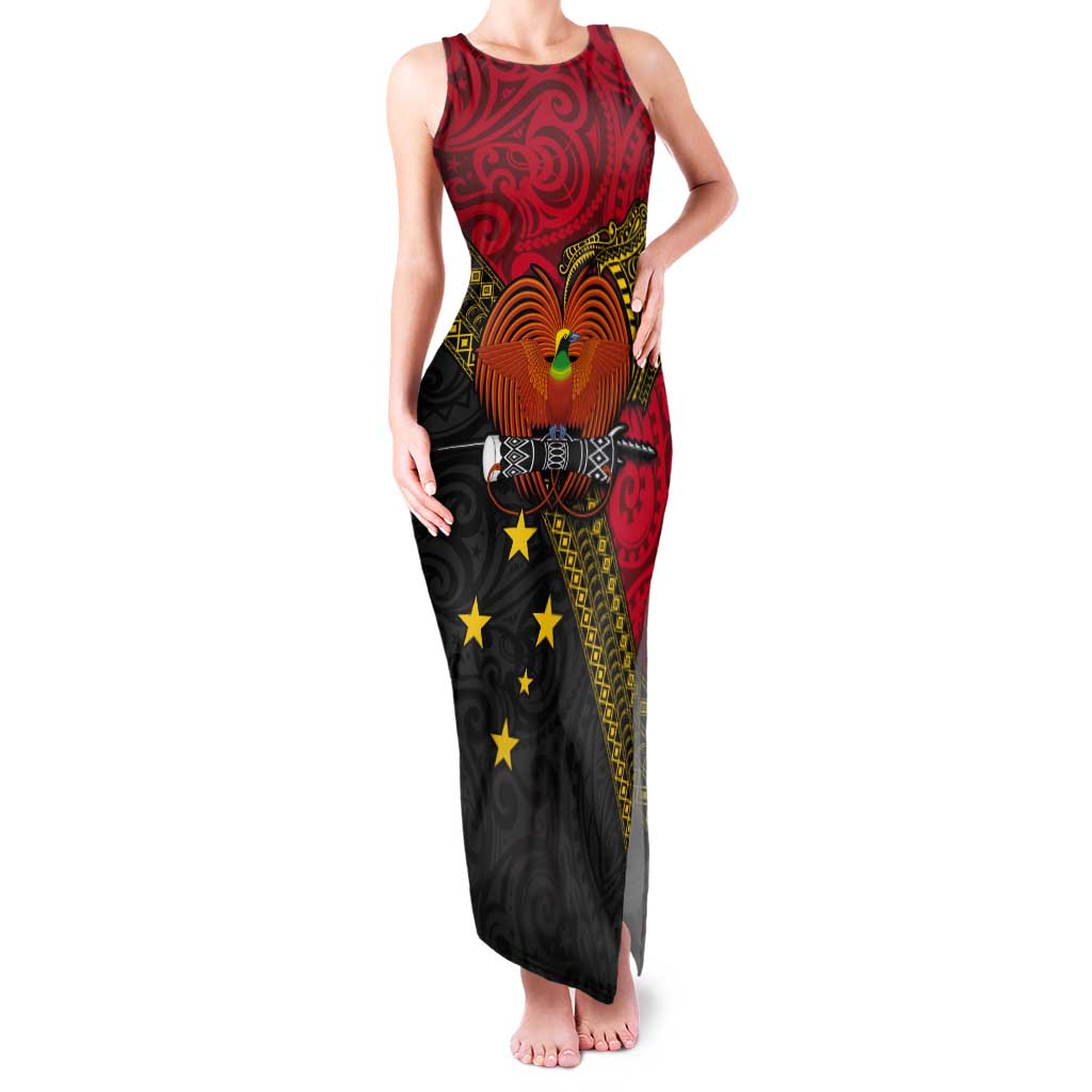 Papua New Guinea Goroka Show Tank Maxi Dress Bird-of-paradise and Melanesian Tattoo Pattern LT03 Women Red - Polynesian Pride