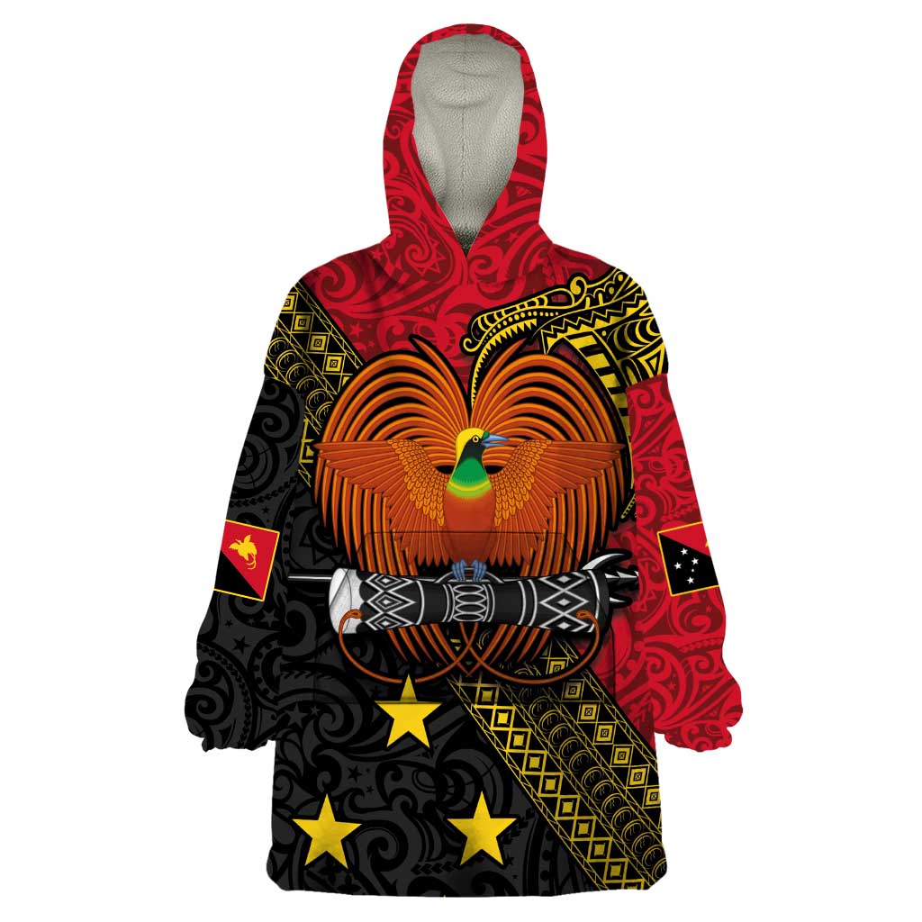 Papua New Guinea Goroka Show Wearable Blanket Hoodie Bird-of-paradise and Melanesian Tattoo Pattern LT03 One Size Red - Polynesian Pride