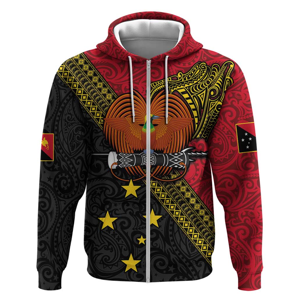 Papua New Guinea Goroka Show Zip Hoodie Bird-of-paradise and Melanesian Tattoo Pattern LT03 Zip Hoodie Red - Polynesian Pride