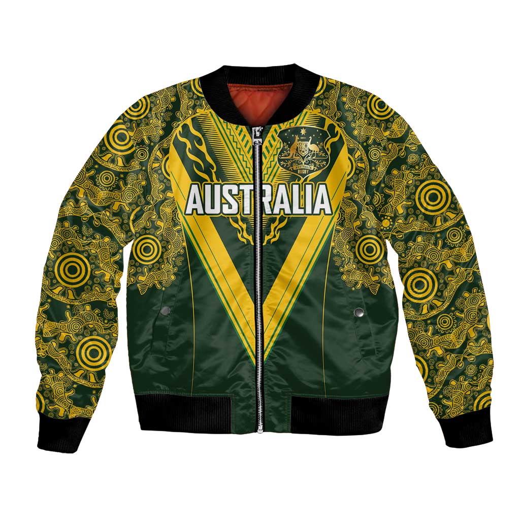 Australia Rugby Custom Bomber Jacket Aboriginal Art Sporty Style LT03 Unisex Green - Polynesian Pride