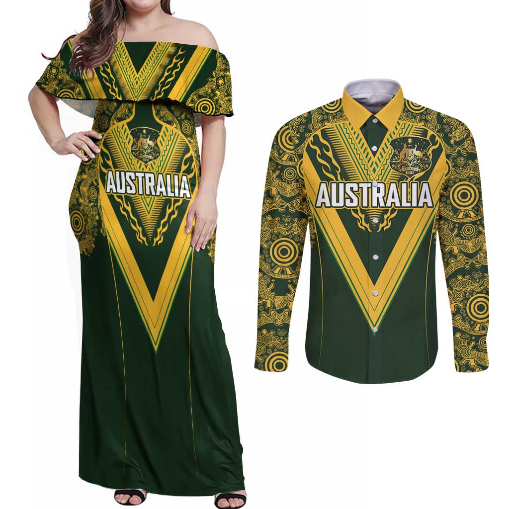 Australia Rugby Custom Couples Matching Off Shoulder Maxi Dress and Long Sleeve Button Shirt Aboriginal Art Sporty Style LT03 Green - Polynesian Pride