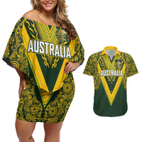 Australia Rugby Custom Couples Matching Off Shoulder Short Dress and Hawaiian Shirt Aboriginal Art Sporty Style - Polynesian Pride