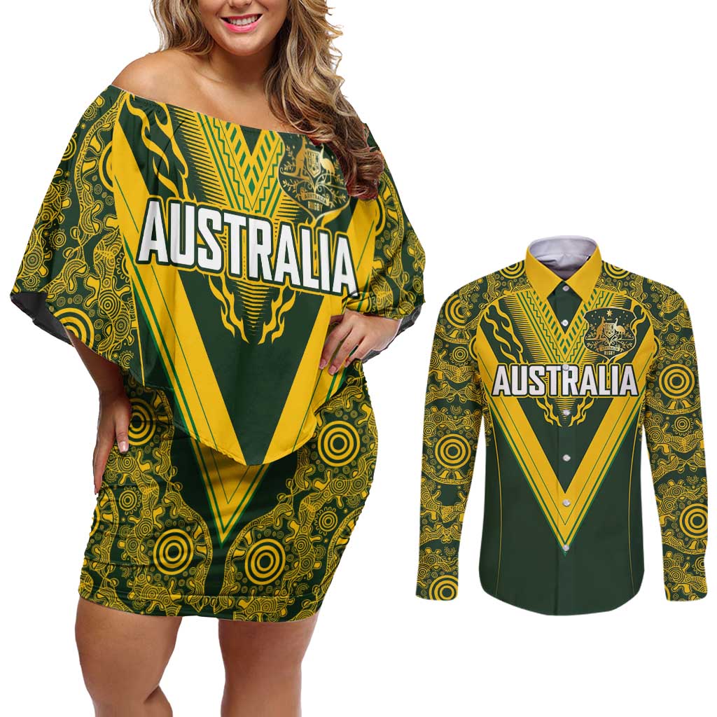 Australia Rugby Custom Couples Matching Off Shoulder Short Dress and Long Sleeve Button Shirt Aboriginal Art Sporty Style LT03 Green - Polynesian Pride