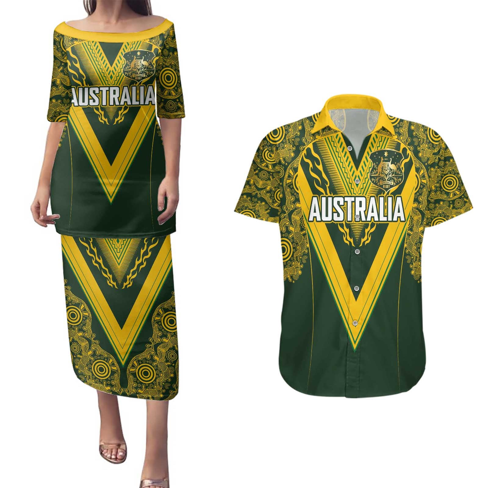 Australia Rugby Custom Couples Matching Puletasi and Hawaiian Shirt Aboriginal Art Sporty Style LT03 Green - Polynesian Pride