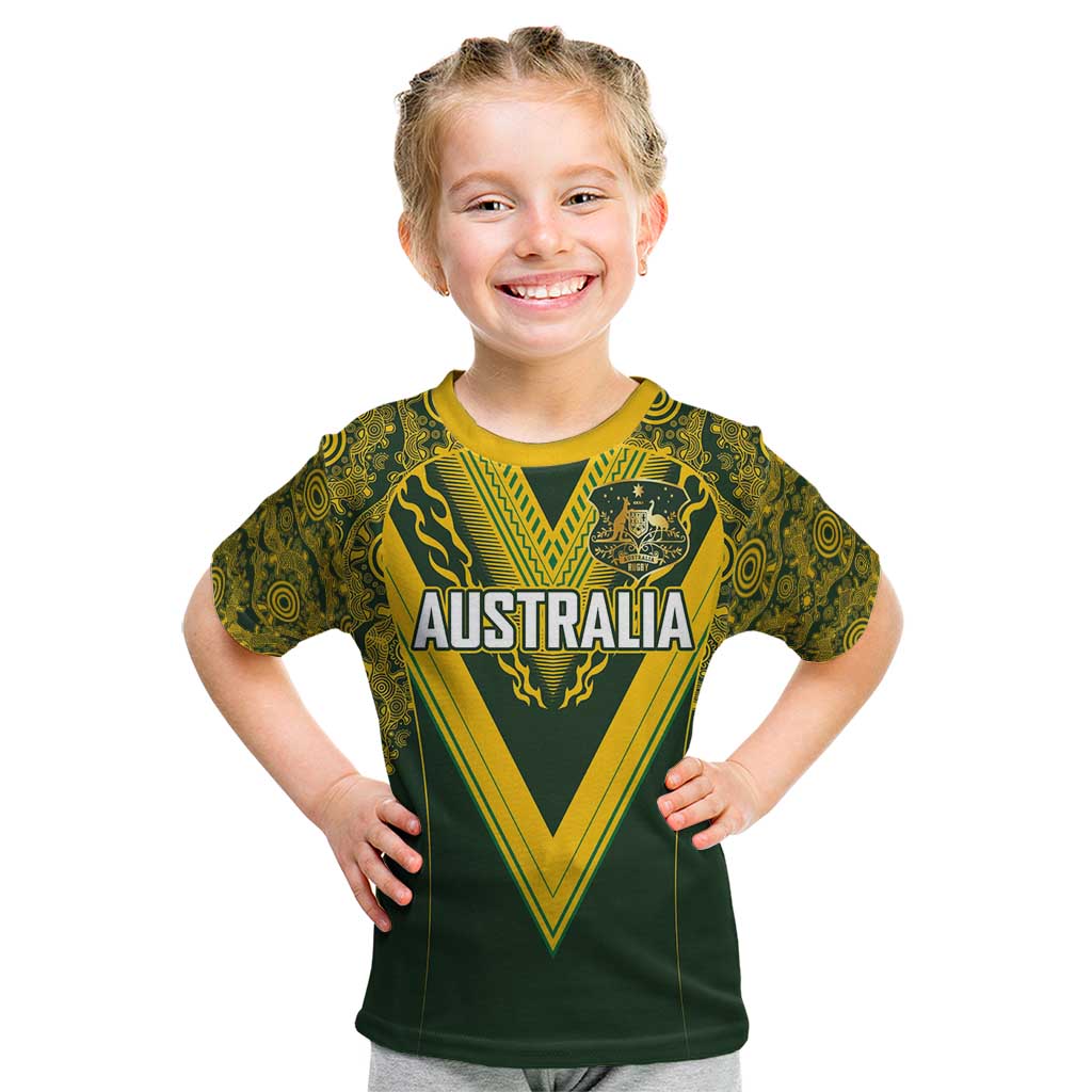 Australia Rugby Custom Kid T Shirt Aboriginal Art Sporty Style LT03 Green - Polynesian Pride
