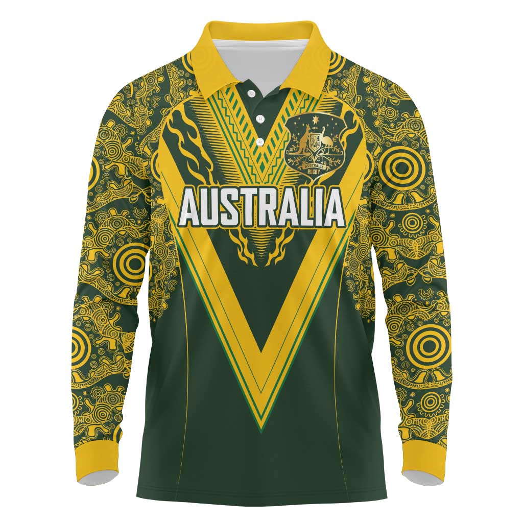 Australia Rugby Custom Long Sleeve Polo Shirt Aboriginal Art Sporty Style LT03 Green - Polynesian Pride
