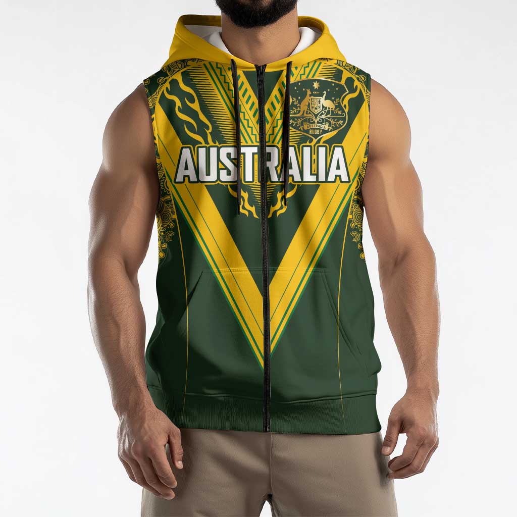 Australia Rugby Custom Sleeveless Zip Hoodie Aboriginal Art Sporty Style LT03 - Polynesian Pride