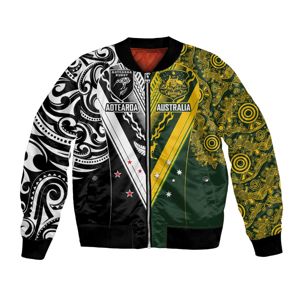 Aotearoa Australia Rugby Custom Bomber Jacket Maori and Aboriginal Art Sporty Style LT03 Unisex Green - Polynesian Pride