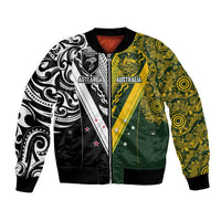 Aotearoa Australia Rugby Custom Bomber Jacket Maori and Aboriginal Art Sporty Style LT03 Unisex Green - Polynesian Pride