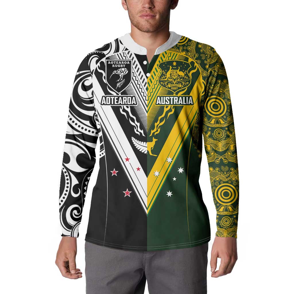 Aotearoa Australia Rugby Custom Button Sweatshirt Maori and Aboriginal Art Sporty Style - Polynesian Pride