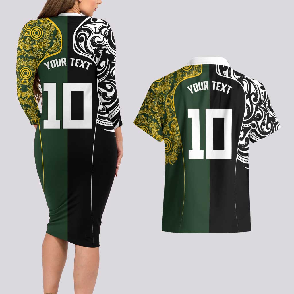 Aotearoa Australia Rugby Custom Couples Matching Long Sleeve Bodycon Dress and Hawaiian Shirt Maori and Aboriginal Art Sporty Style - Polynesian Pride