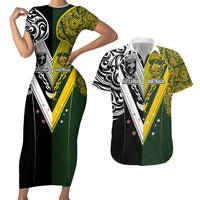 Aotearoa Australia Rugby Custom Couples Matching Short Sleeve Bodycon Dress and Hawaiian Shirt Maori and Aboriginal Art Sporty Style - Polynesian Pride