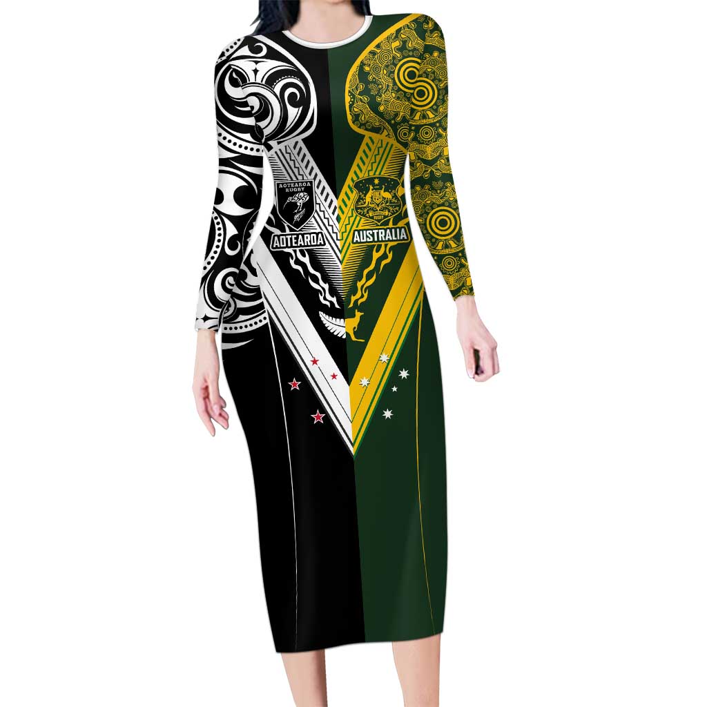 Aotearoa Australia Rugby Custom Family Matching Long Sleeve Bodycon Dress and Hawaiian Shirt Maori and Aboriginal Art Sporty Style - Polynesian Pride