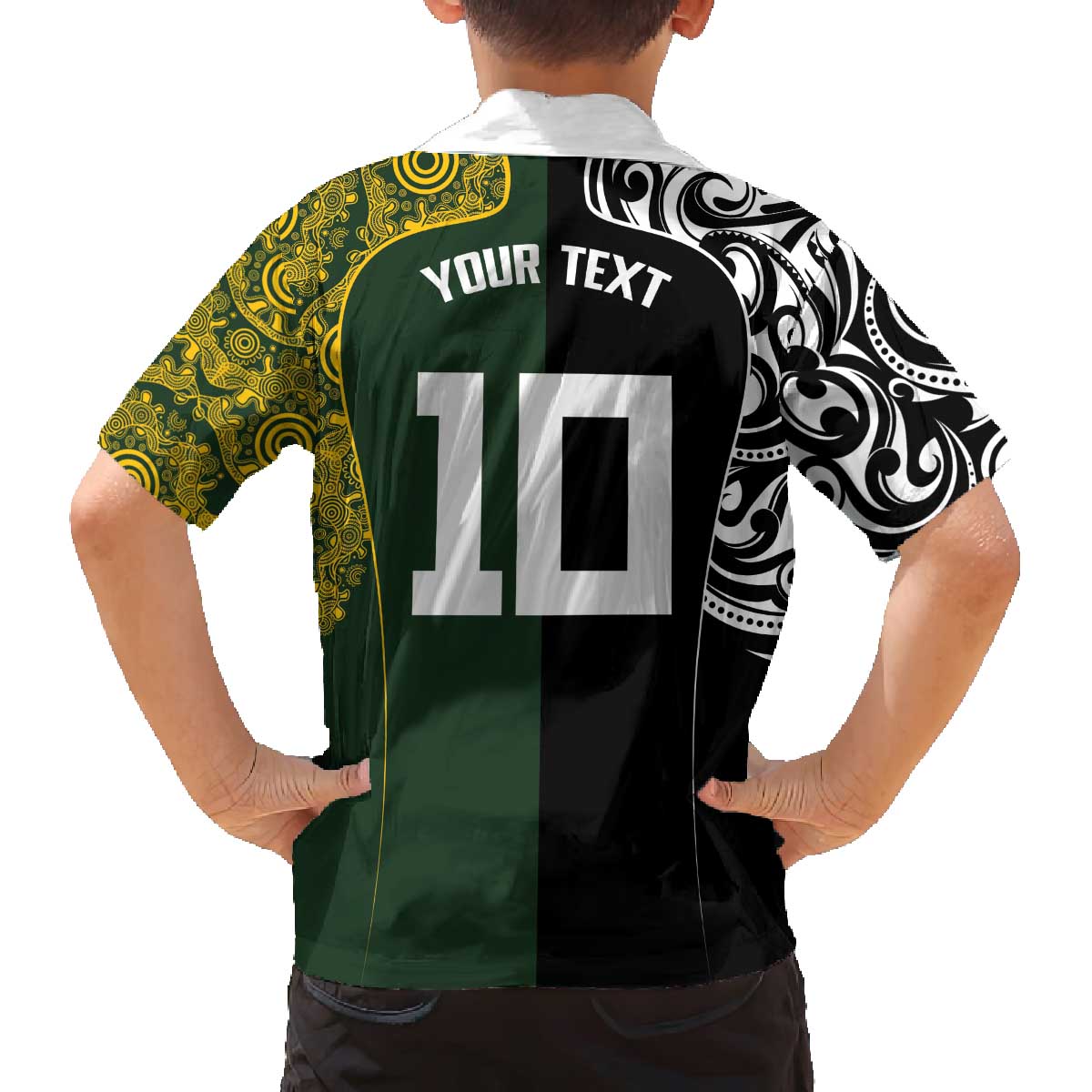Aotearoa Australia Rugby Custom Family Matching Off The Shoulder Long Sleeve Dress and Hawaiian Shirt Maori and Aboriginal Art Sporty Style LT03 - Polynesian Pride
