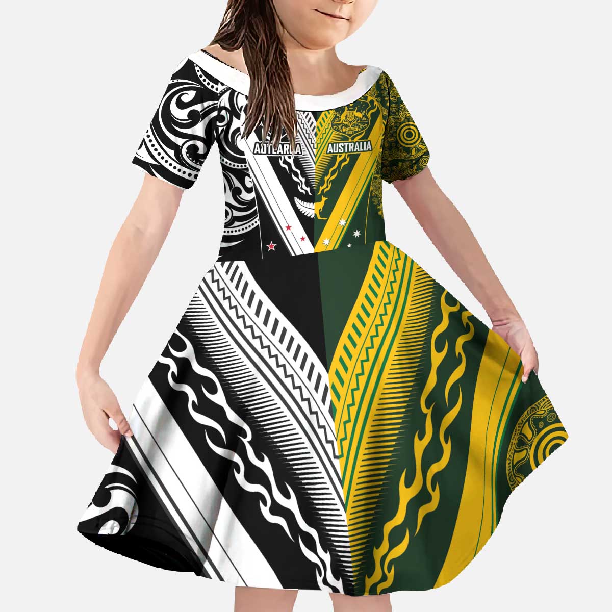 Aotearoa Australia Rugby Custom Family Matching Off The Shoulder Long Sleeve Dress and Hawaiian Shirt Maori and Aboriginal Art Sporty Style LT03 Daughter's Dress Green - Polynesian Pride