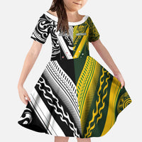 Aotearoa Australia Rugby Custom Family Matching Off The Shoulder Long Sleeve Dress and Hawaiian Shirt Maori and Aboriginal Art Sporty Style LT03 Daughter's Dress Green - Polynesian Pride