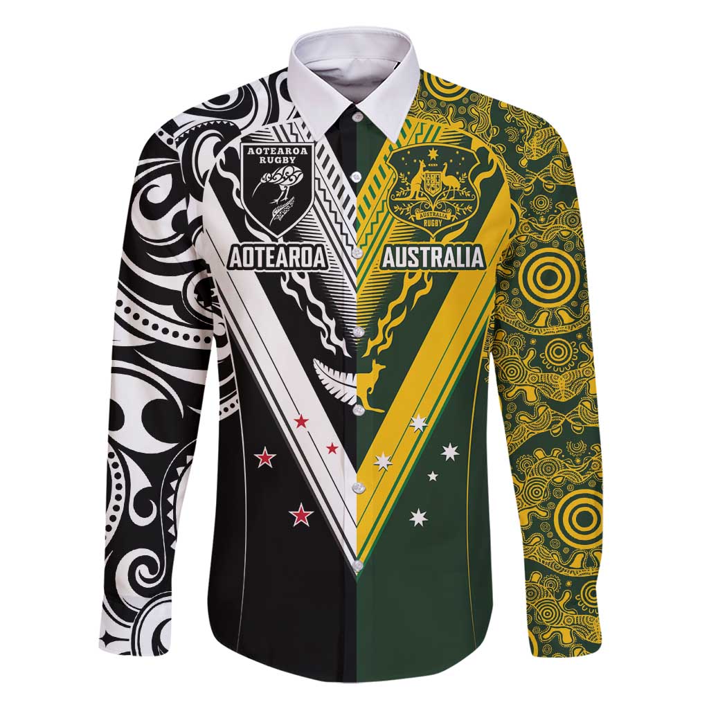 Aotearoa Australia Rugby Custom Family Matching Summer Maxi Dress and Hawaiian Shirt Maori and Aboriginal Art Sporty Style LT03 Dad's Shirt - Long Sleeve Green - Polynesian Pride