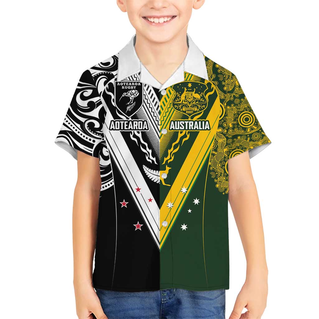 Aotearoa Australia Rugby Custom Family Matching Summer Maxi Dress and Hawaiian Shirt Maori and Aboriginal Art Sporty Style LT03 Son's Shirt Green - Polynesian Pride