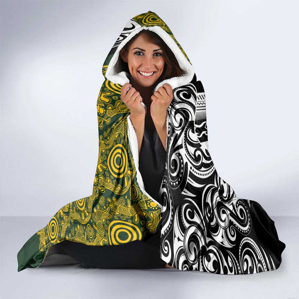 Aotearoa Australia Rugby Hooded Blanket Maori and Aboriginal Art Sporty Style - Polynesian Pride