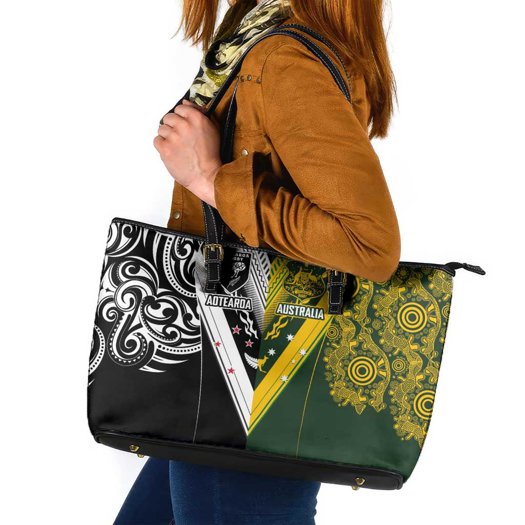 Aotearoa Australia Rugby Leather Tote Bag Maori and Aboriginal Art Sporty Style LT03 Green - Polynesian Pride
