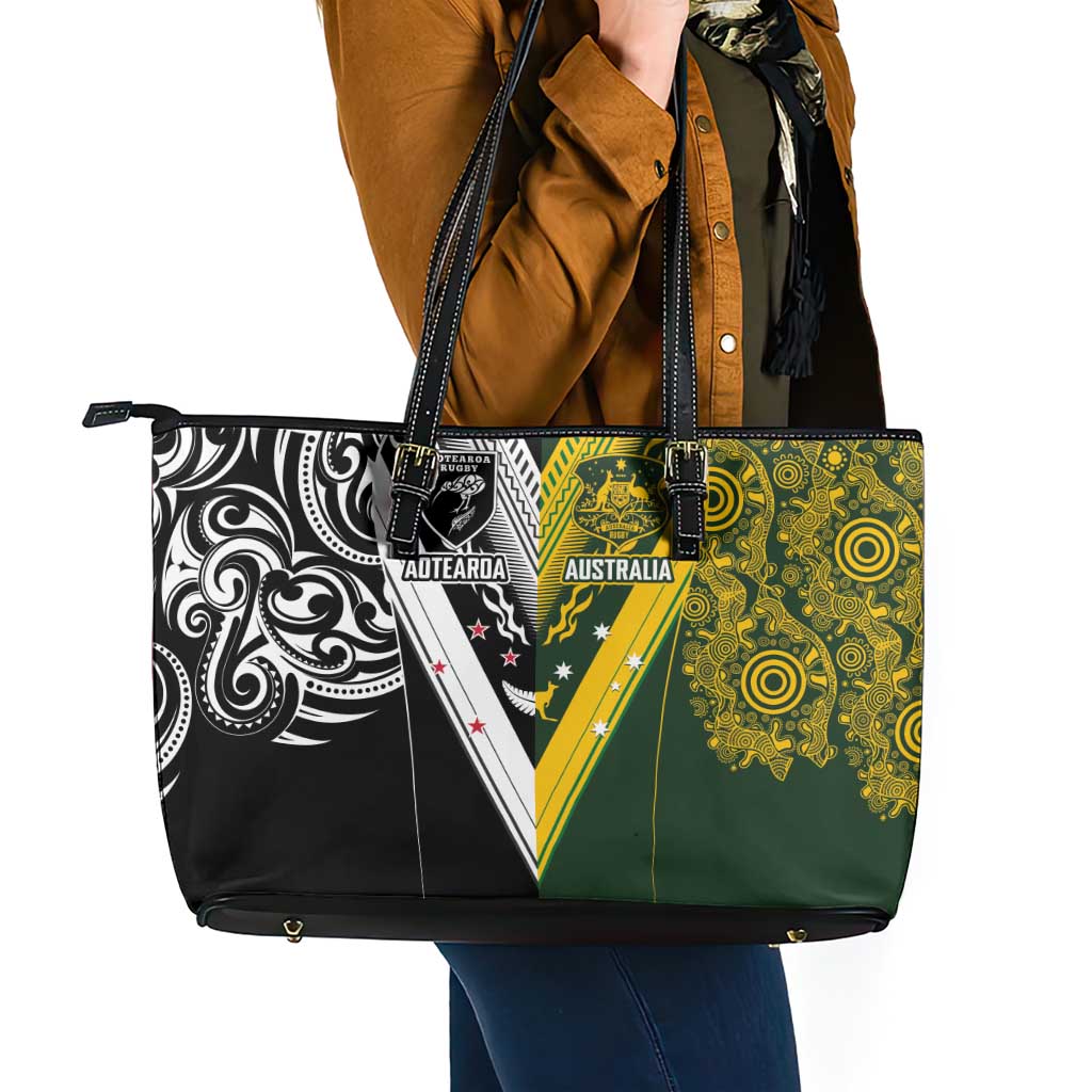 Aotearoa Australia Rugby Leather Tote Bag Maori and Aboriginal Art Sporty Style LT03 - Polynesian Pride