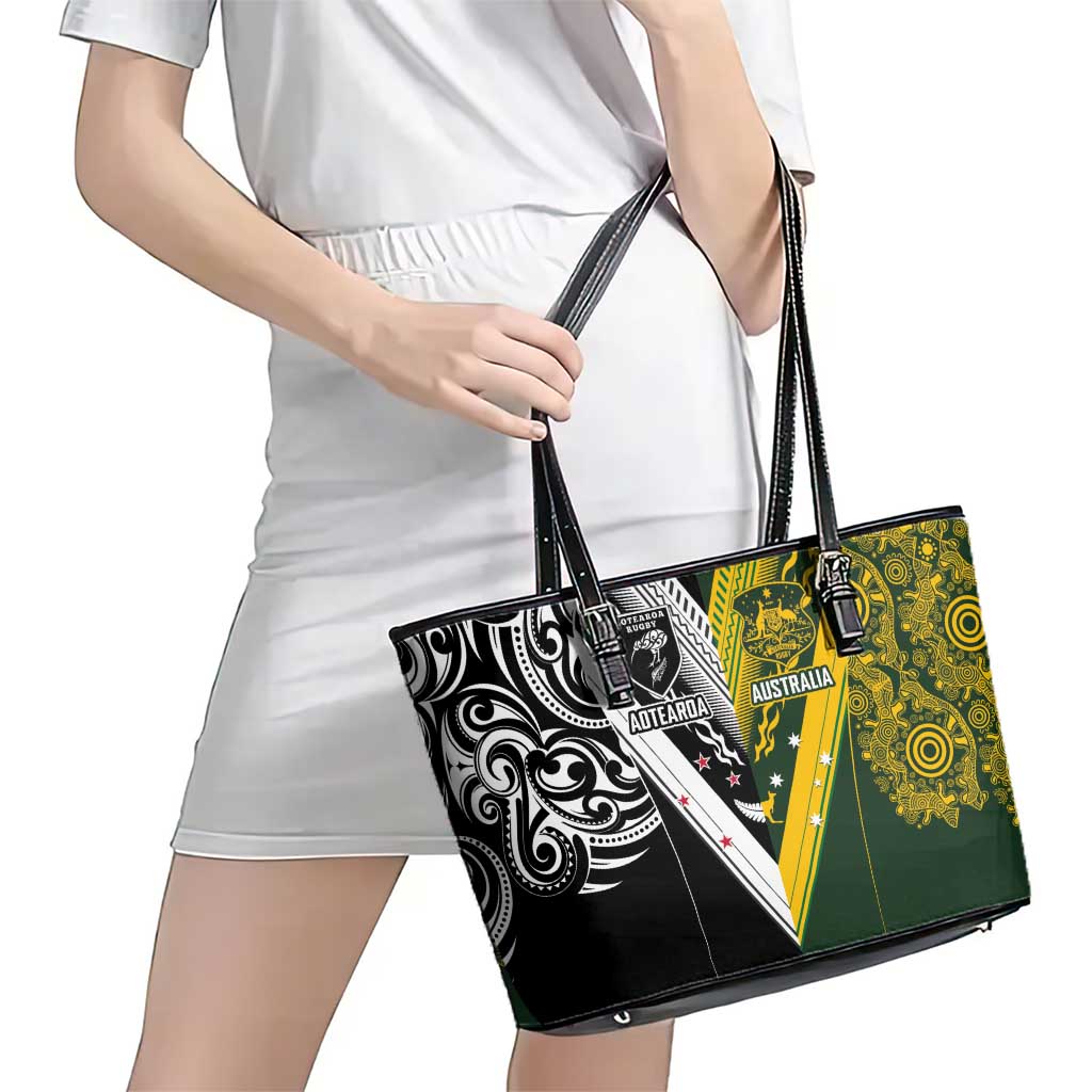 Aotearoa Australia Rugby Leather Tote Bag Maori and Aboriginal Art Sporty Style LT03 - Polynesian Pride