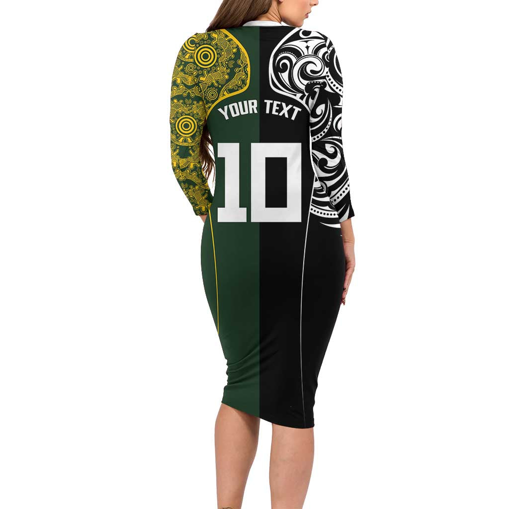 Aotearoa Australia Rugby Custom Long Sleeve Bodycon Dress Maori and Aboriginal Art Sporty Style - Polynesian Pride