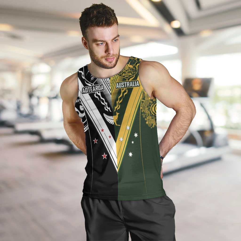 Aotearoa Australia Rugby Custom Men Tank Top Maori and Aboriginal Art Sporty Style LT03 Green - Polynesian Pride