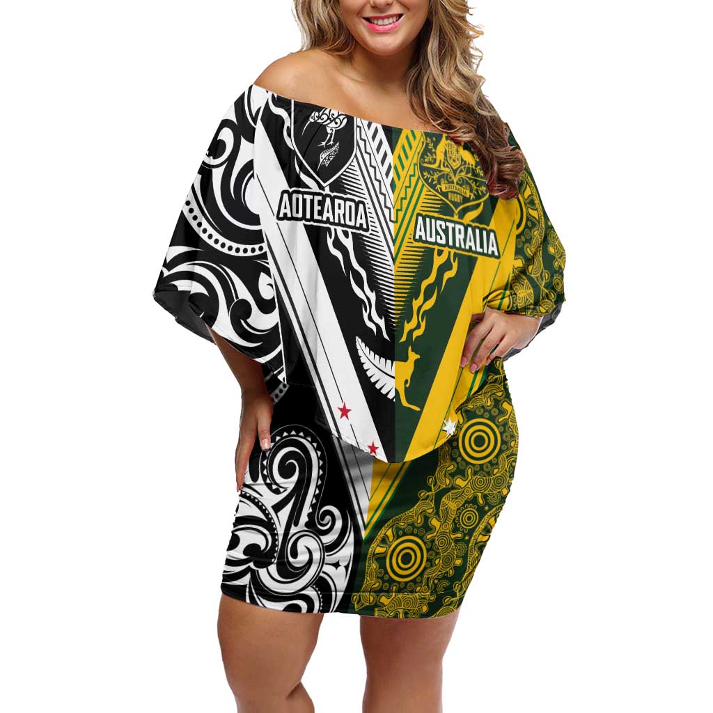 Aotearoa Australia Rugby Custom Off Shoulder Short Dress Maori and Aboriginal Art Sporty Style - Polynesian Pride