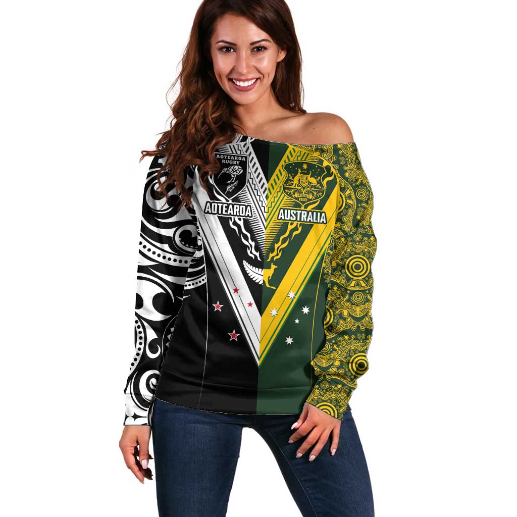 Aotearoa Australia Rugby Custom Off Shoulder Sweater Maori and Aboriginal Art Sporty Style - Polynesian Pride