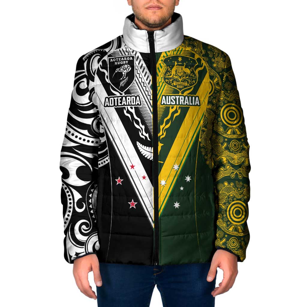Aotearoa Australia Rugby Custom Padded Jacket Maori and Aboriginal Art Sporty Style - Polynesian Pride