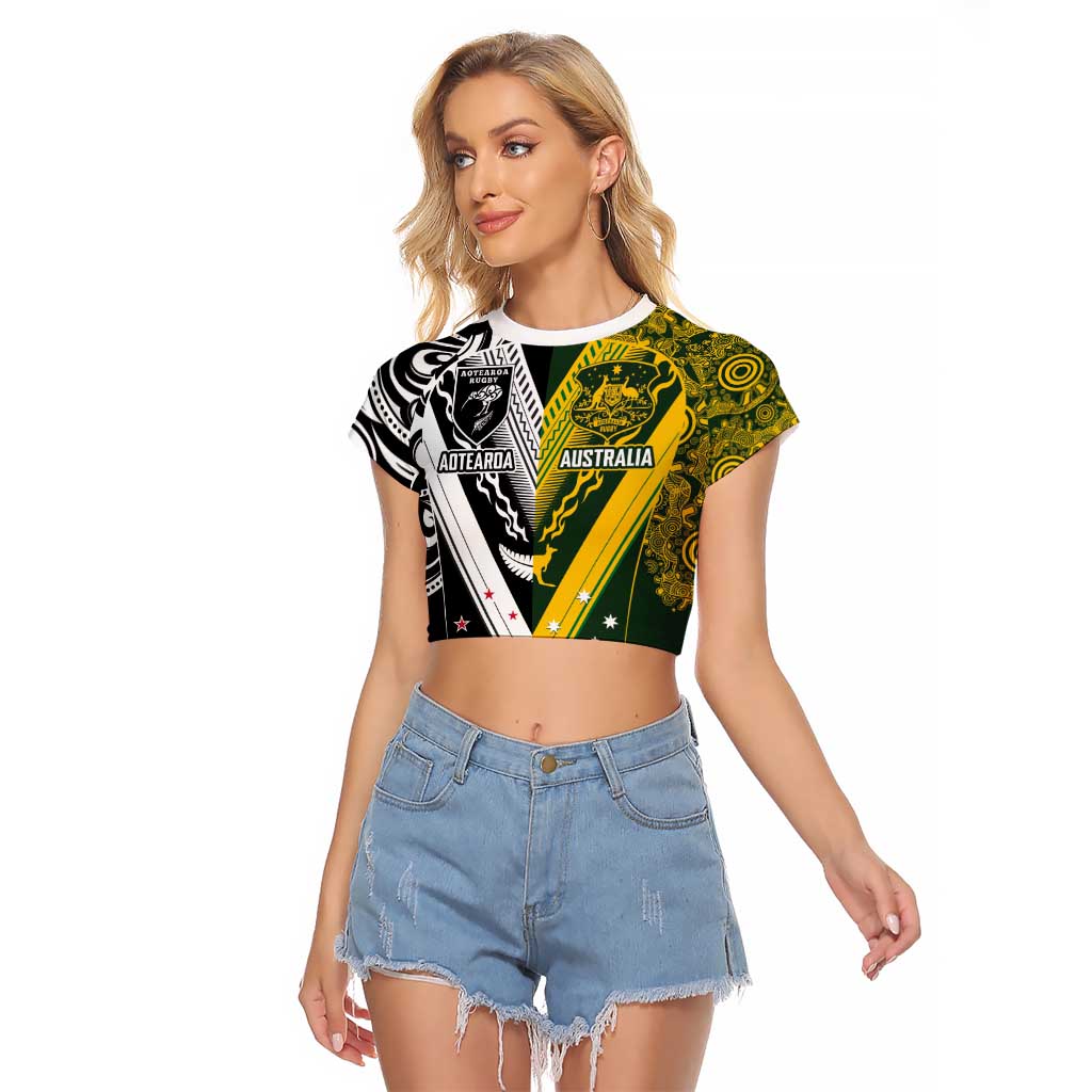 Aotearoa Australia Rugby Custom Raglan Cropped T Shirt Maori and Aboriginal Art Sporty Style - Polynesian Pride