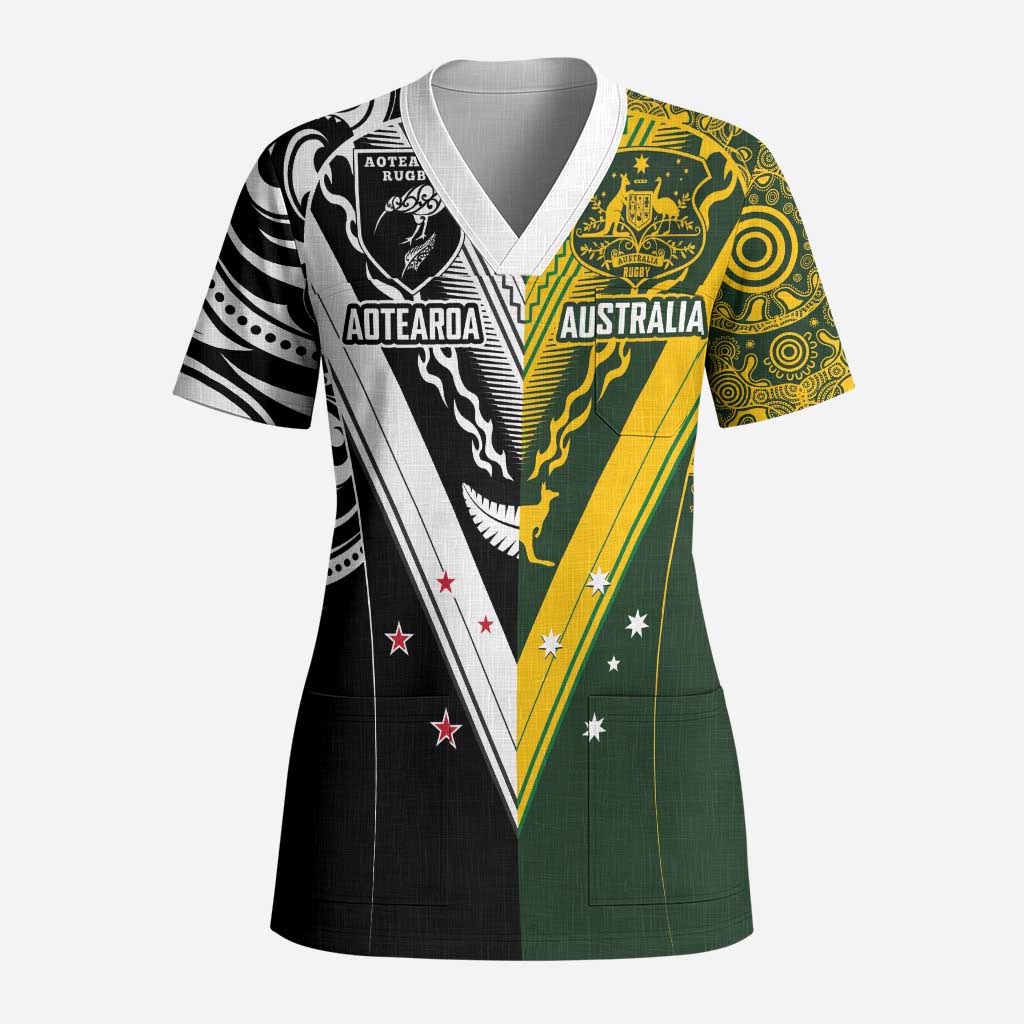 Aotearoa Australia Rugby Custom Scrub Top Maori and Aboriginal Art Sporty Style LT03 Adult Green - Polynesian Pride
